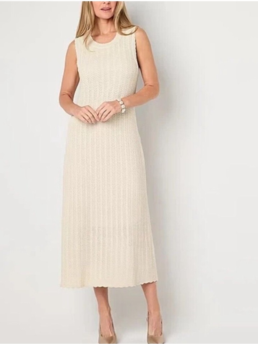 VTG 90’s White Cream Gold Woven Bodycon Knit Sleeveless Summer Maxi Dress Size L - Picture 3 of 8